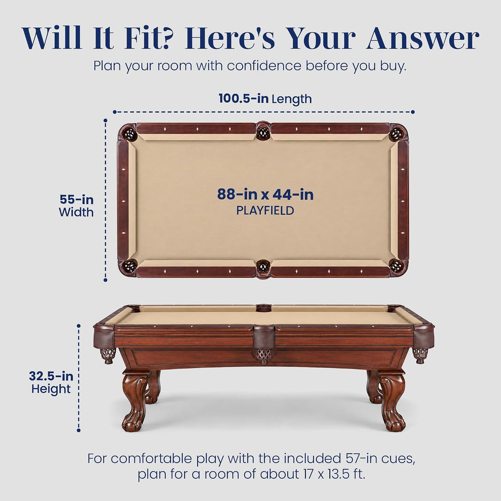 Augusta 8 Ft Furniture Pool Table – Includes Cue Sticks, Billiard Balls – Classic Design Perfect for Family, Home, Dining, or Living Room