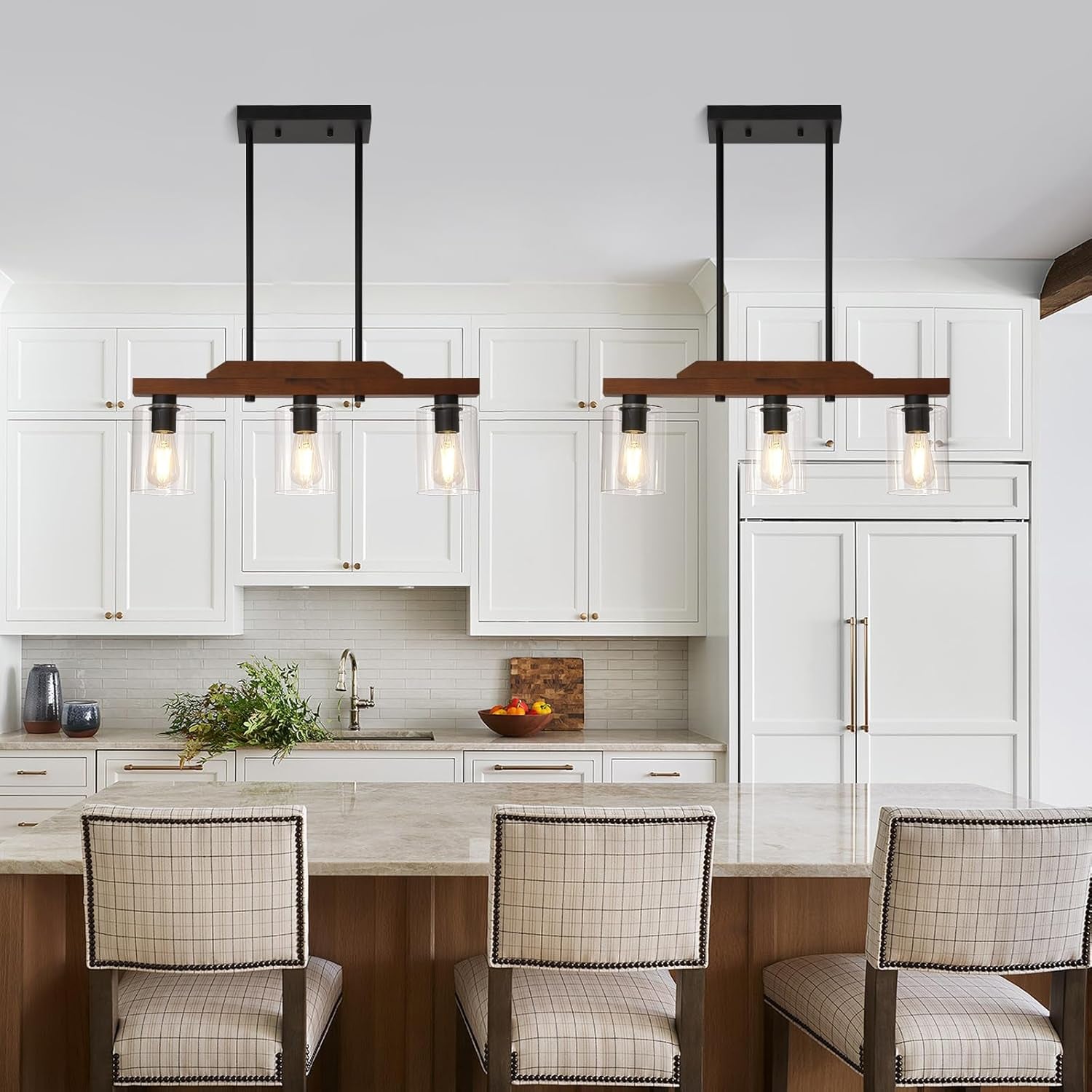 Dining Room Light Fixture,3-Light Rustic Wood Kitchen Island Chandelier Farmhouse Linear Pendant Light Ceiling Hanging for Bar Cafes Pool Table Foyer UL Listed