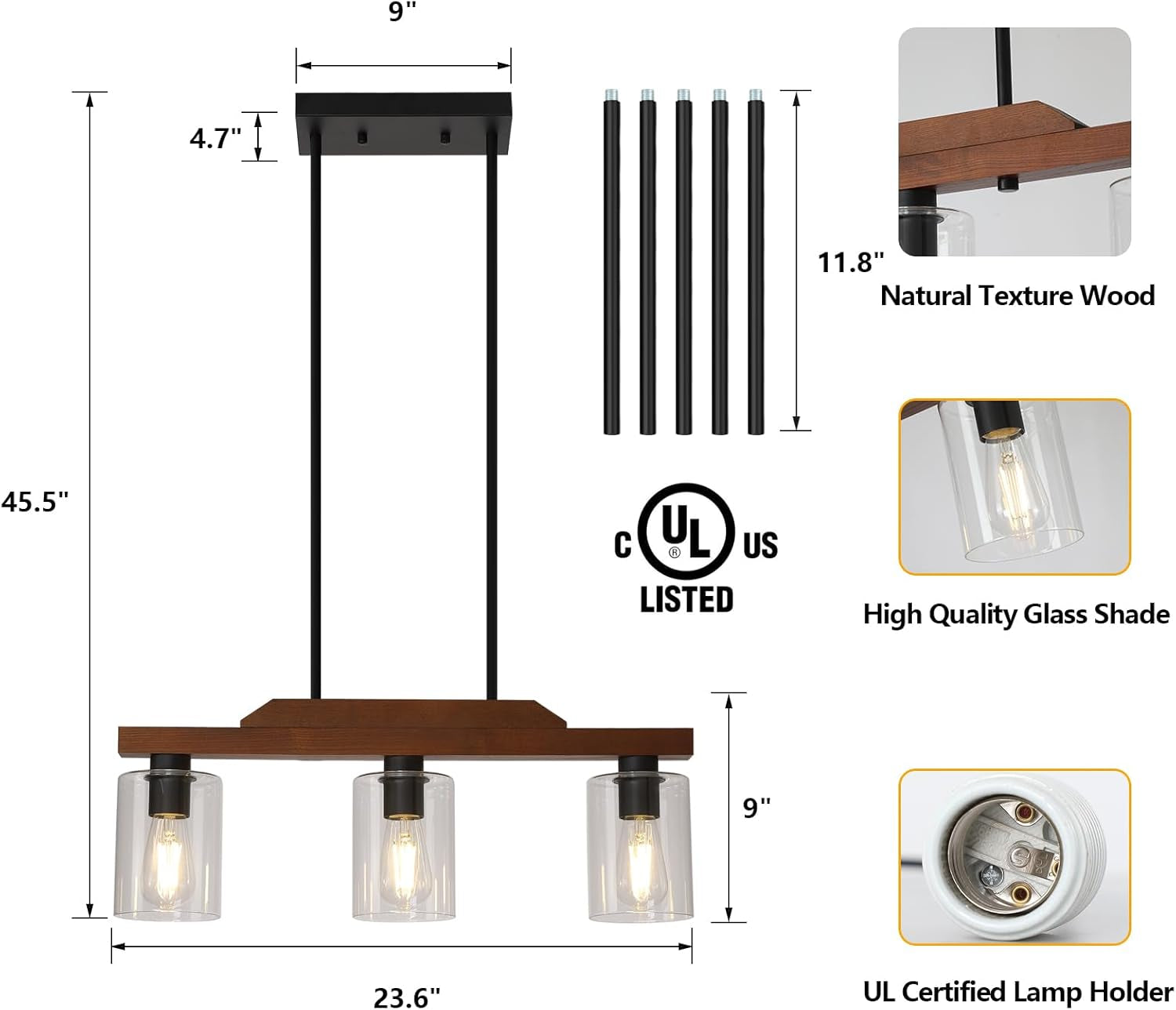 Dining Room Light Fixture,3-Light Rustic Wood Kitchen Island Chandelier Farmhouse Linear Pendant Light Ceiling Hanging for Bar Cafes Pool Table Foyer UL Listed