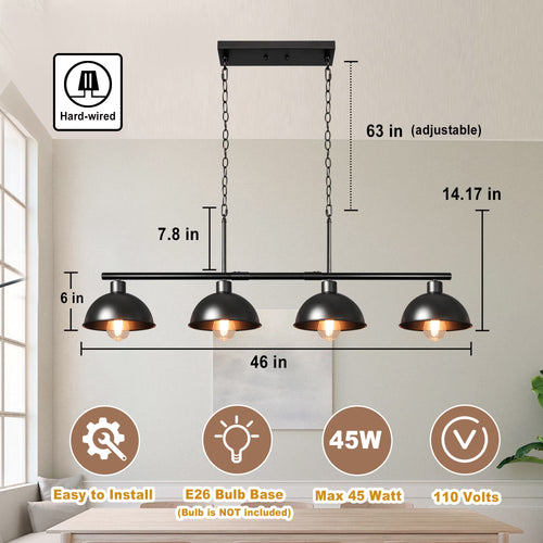 Pool Table Light 4-Lights Billiard Light 46" Pool Table Lights Hanging over Pool Table Kitchen Island Lighting Hanging Light Fixtures Matt Black