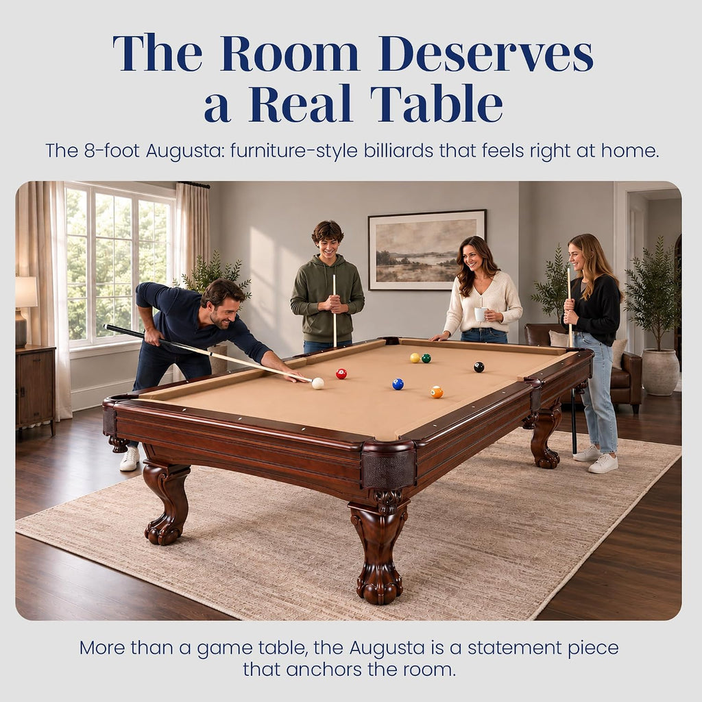 Augusta 8 Ft Furniture Pool Table – Includes Cue Sticks, Billiard Balls – Classic Design Perfect for Family, Home, Dining, or Living Room