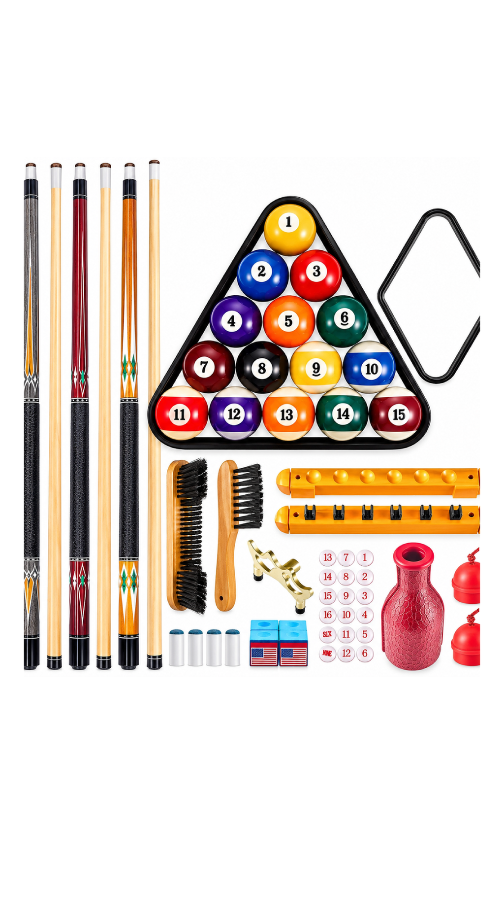37-Piece Pool Table Accessories Set – 4 Cues, Billiard Balls & Cue Rack