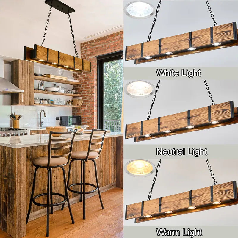 Dining Room Rustic Chandelier Farmhouse with 4X5W LED Downlight - Wood - 39.37X4.72X59In