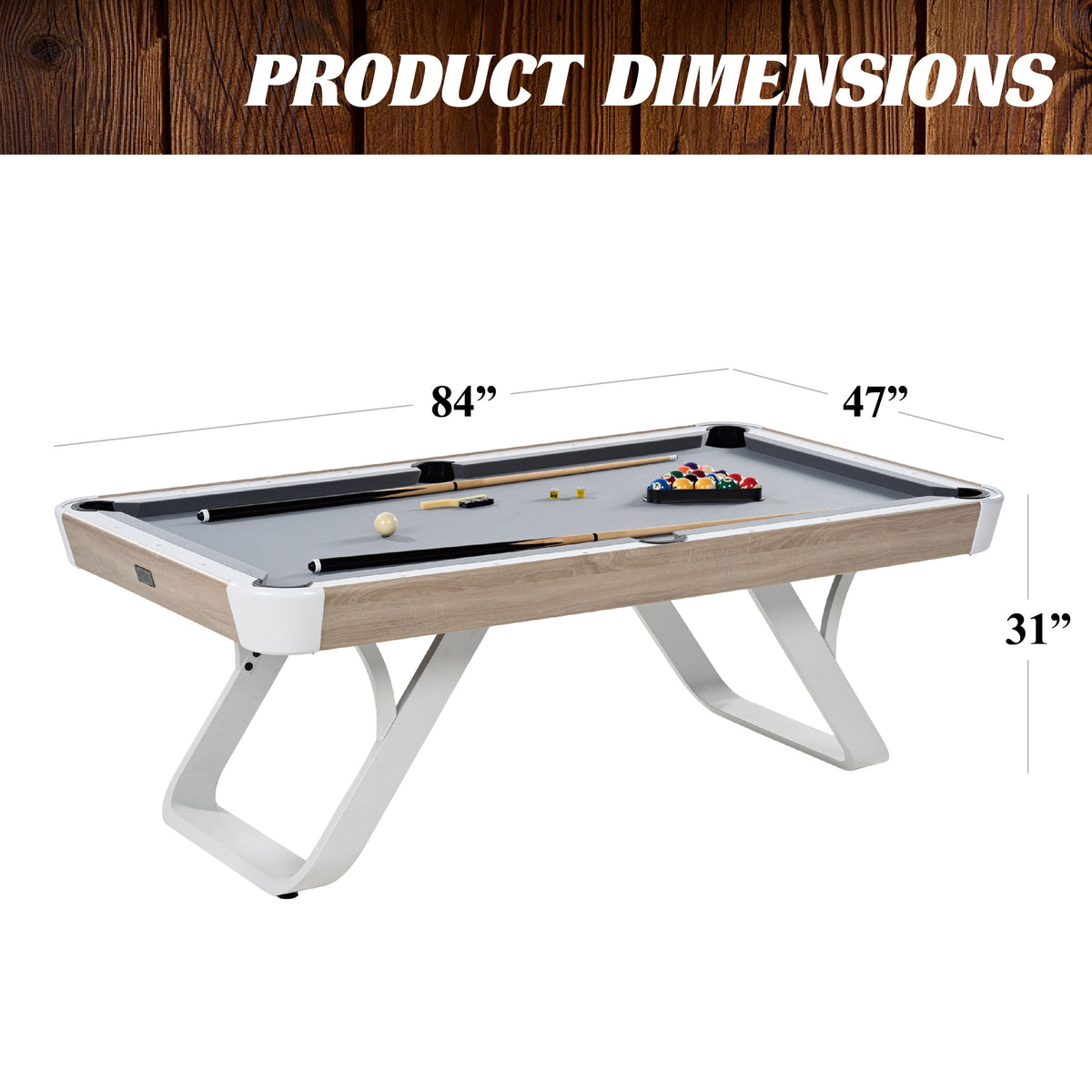 Camden 7 Ft Pool Table with White Metal Legs, Wood Grain Finish, Velvet Playfield, 18Mm Surface, Complete Accessories