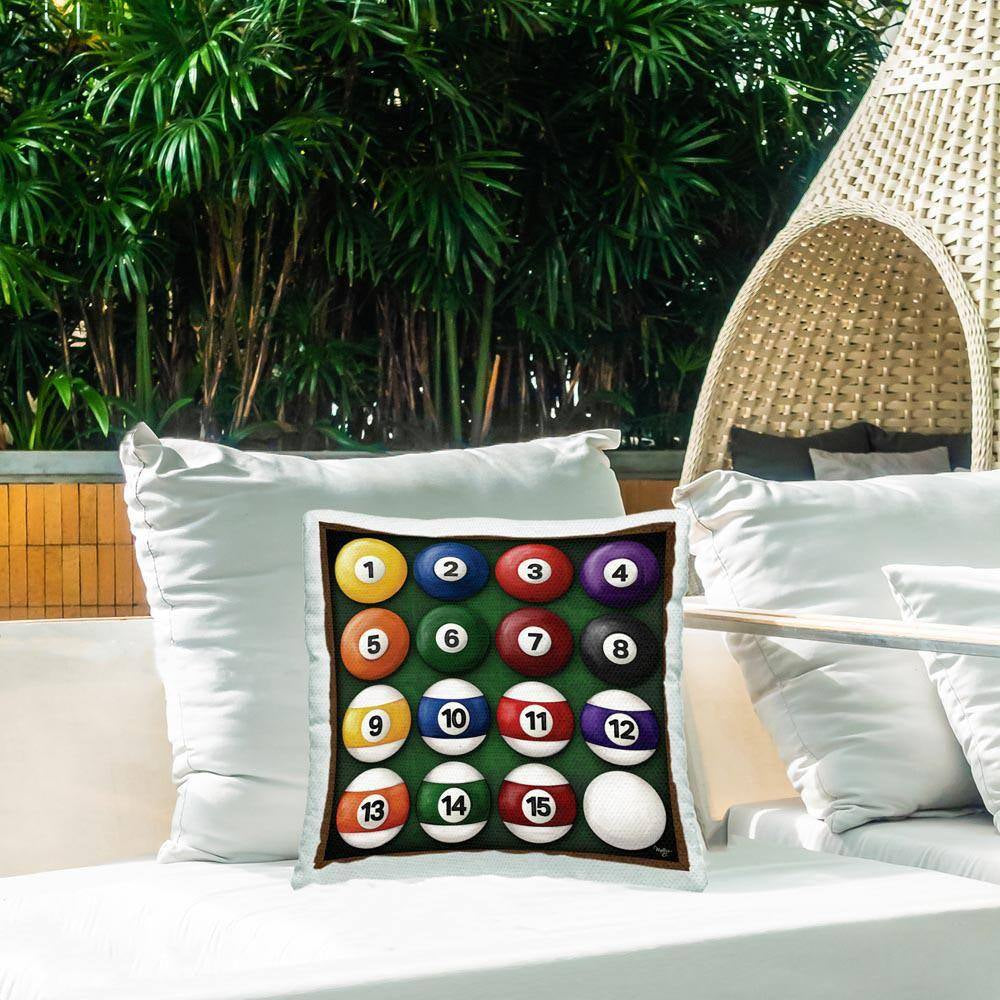 Billiard Balls Arrangement Outdoor Printed Throw Pillow by Molly B.