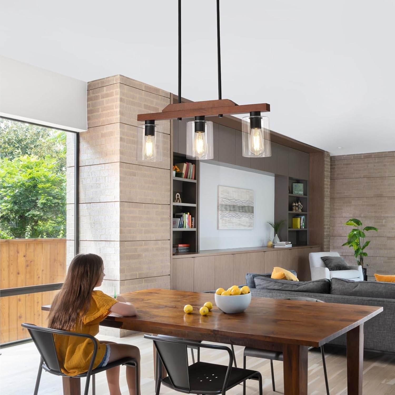 Dining Room Light Fixture,3-Light Rustic Wood Kitchen Island Chandelier Farmhouse Linear Pendant Light Ceiling Hanging for Bar Cafes Pool Table Foyer UL Listed