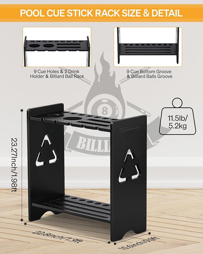 Solid Wood Pool Cue Rack with Ball Storage & Cup Holders