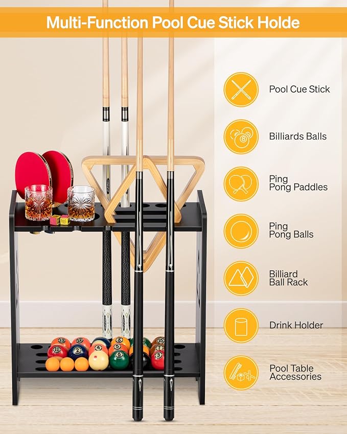 Solid Wood Pool Cue Rack with Ball Storage & Cup Holders