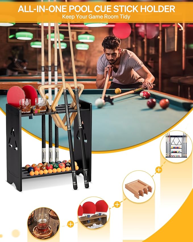 Solid Wood Pool Cue Rack with Ball Storage & Cup Holders
