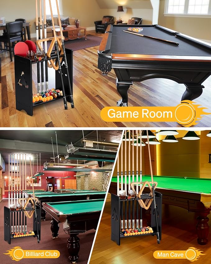 Solid Wood Pool Cue Rack with Ball Storage & Cup Holders
