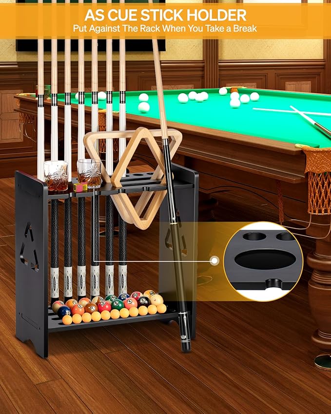 Solid Wood Pool Cue Rack with Ball Storage & Cup Holders