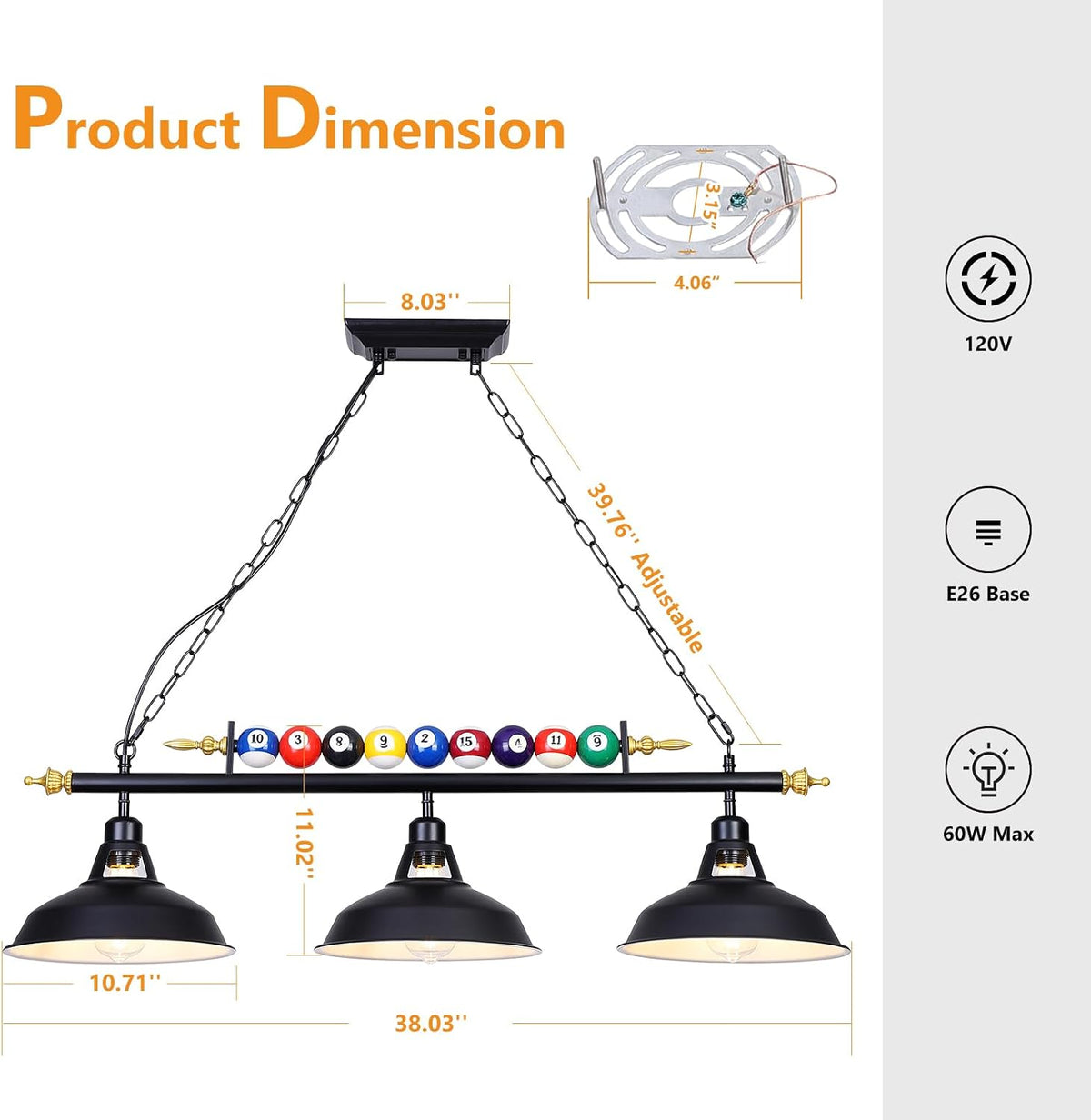 3-Light Billiard Pool Table Lights Hanging over Pool Table