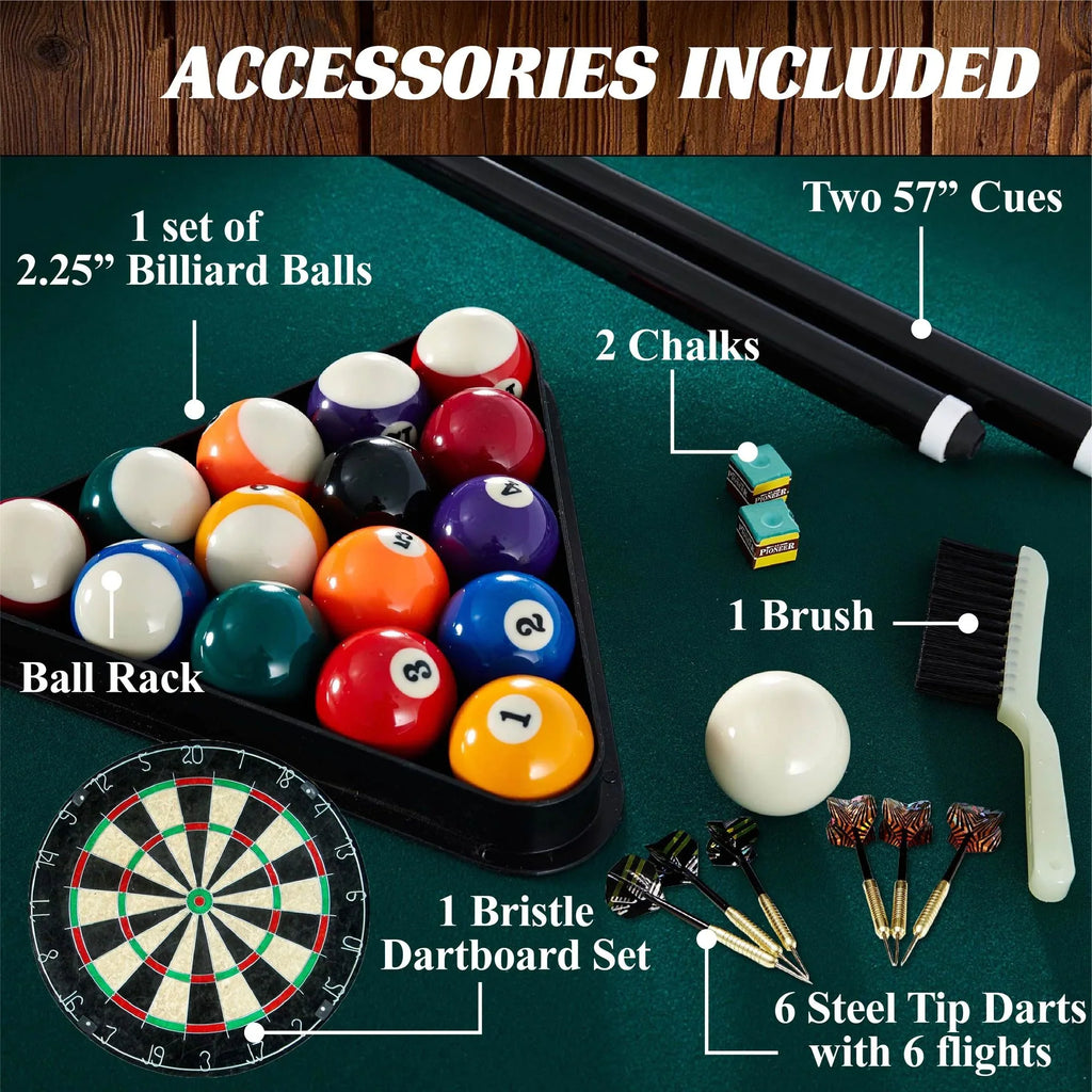 7.5 Ft Pool Table with Dartboard, Green Cloth