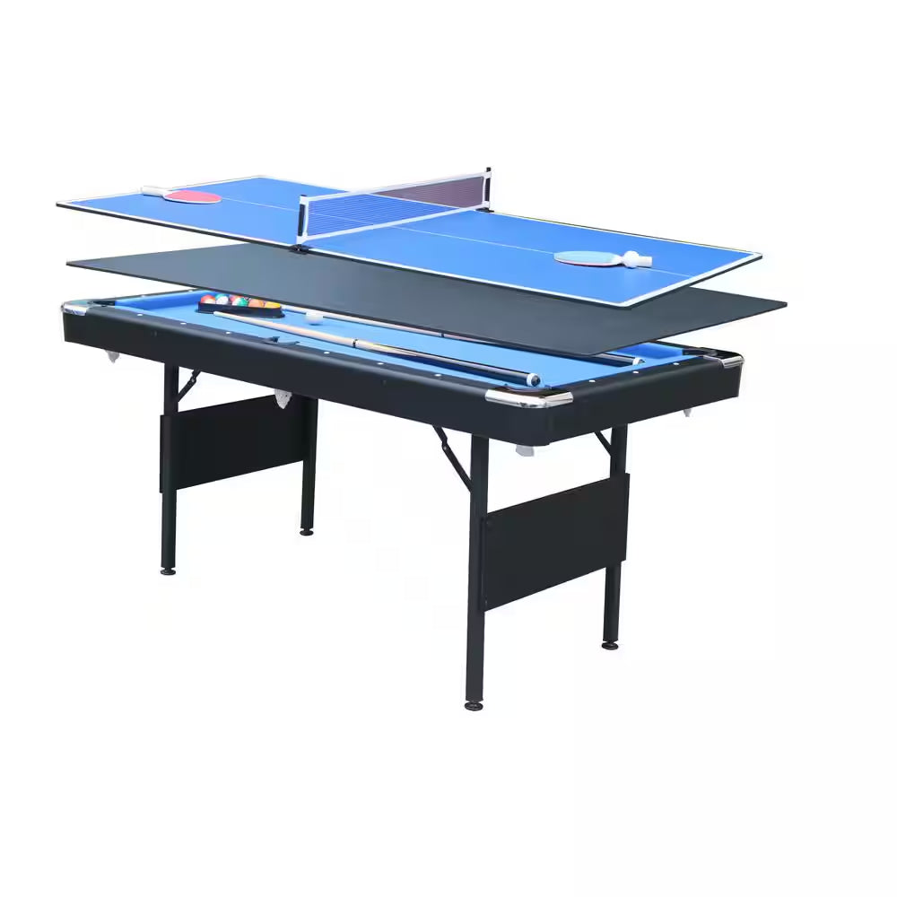 Triangle Line Pool Table 3-In-1 Blue Portable Pool Table with Billiard Balls, Brush, Triangle R ...