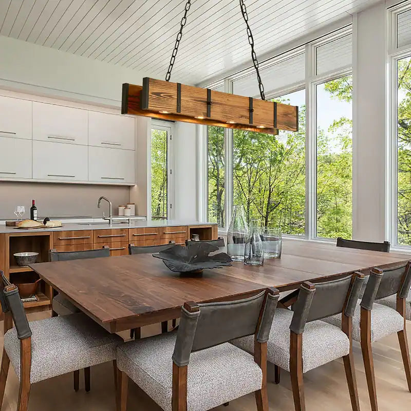 Dining Room Rustic Chandelier Farmhouse with 4X5W LED Downlight - Wood - 39.37X4.72X59In