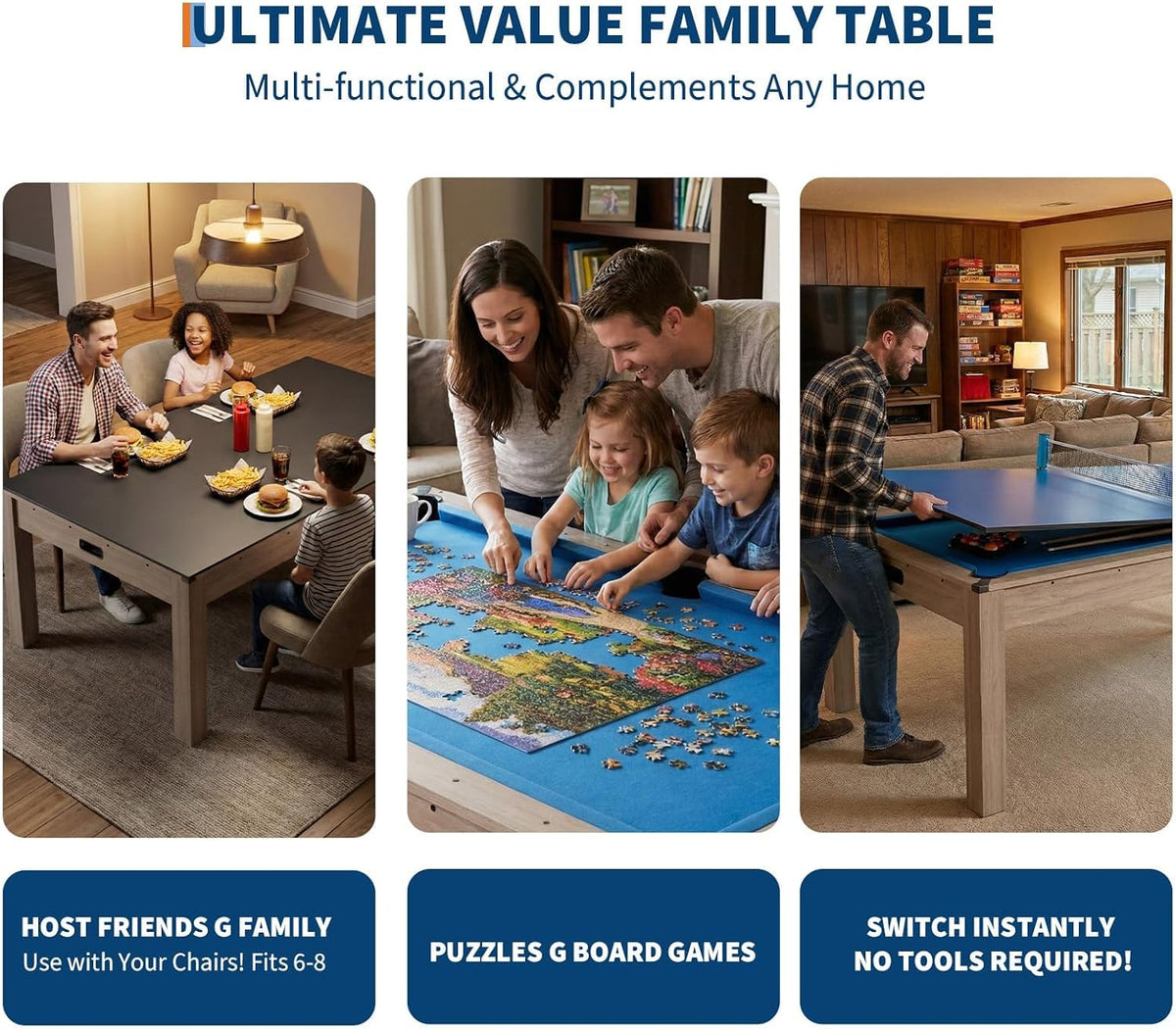 7 Ft Pool Table Combo,3 in 1 Pool, Dining, & Table Tennis