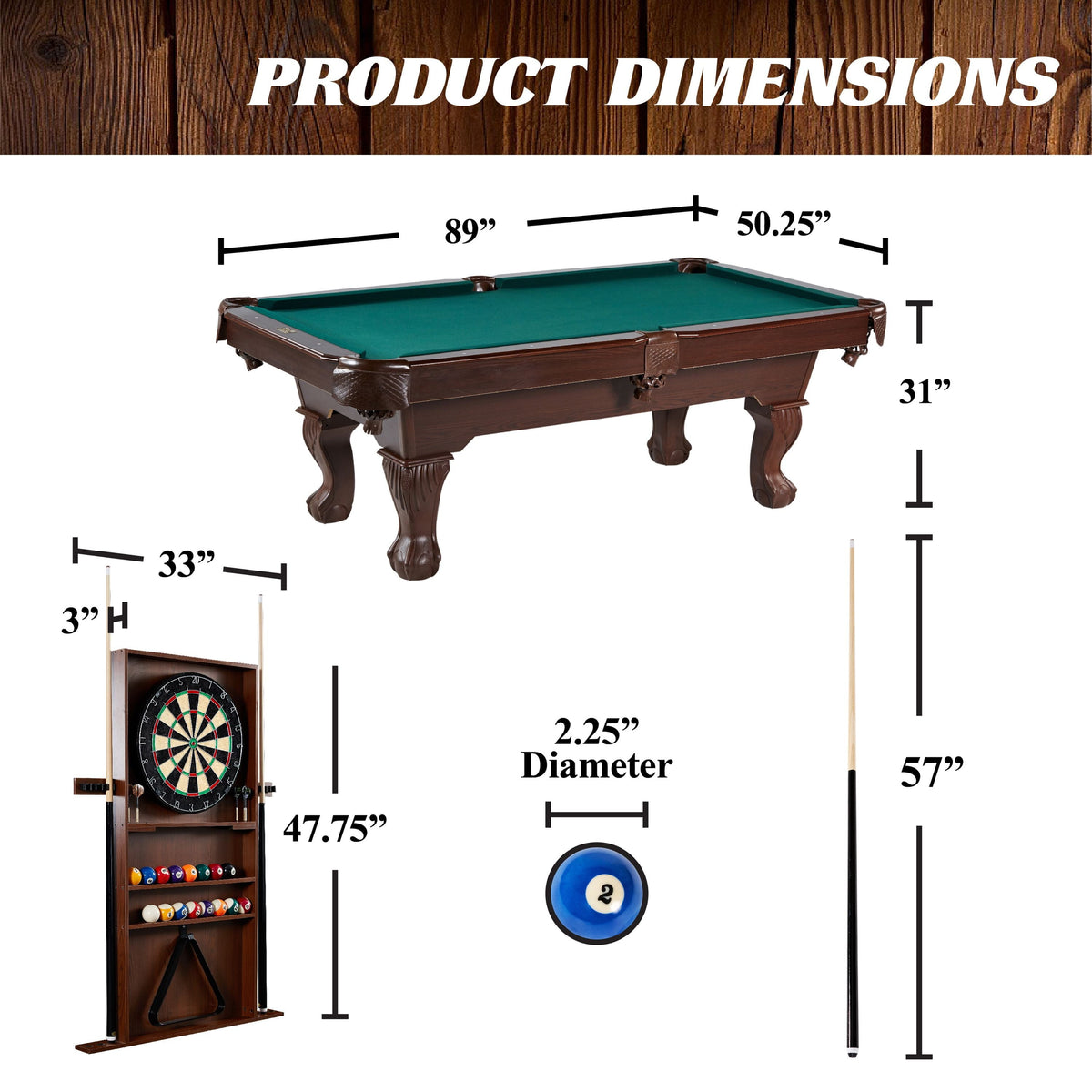 7.5 Ft Pool Table with Dartboard, Green Cloth