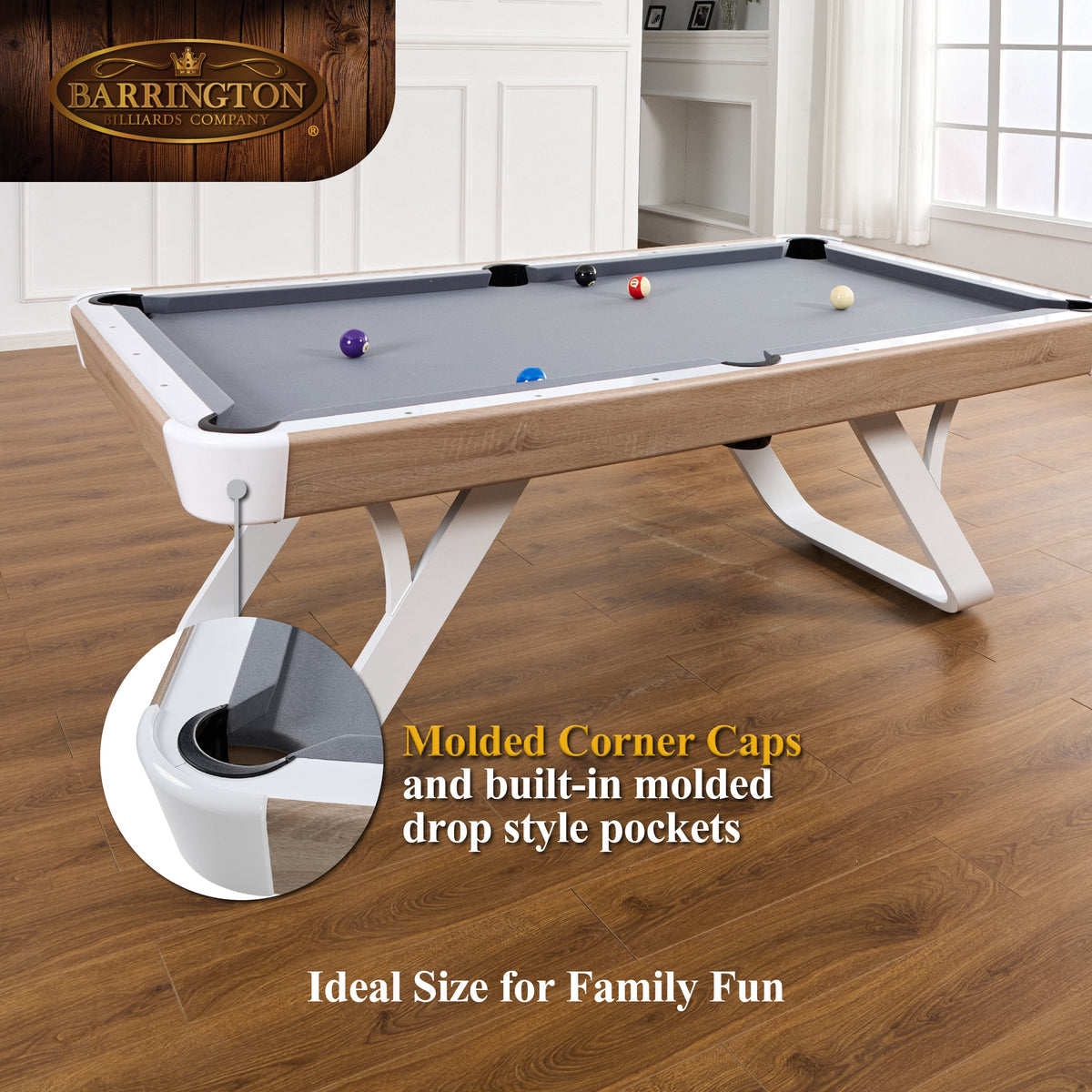 Camden 7 Ft Pool Table with White Metal Legs, Wood Grain Finish, Velvet Playfield, 18Mm Surface, Complete Accessories