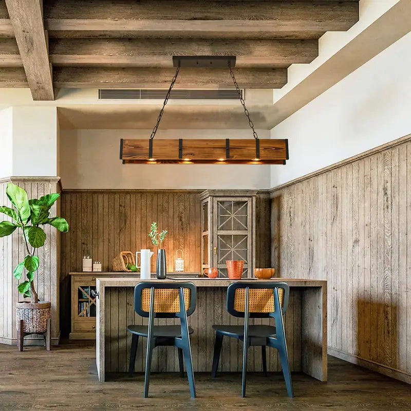 Dining Room Rustic Chandelier Farmhouse with 4X5W LED Downlight - Wood - 39.37X4.72X59In