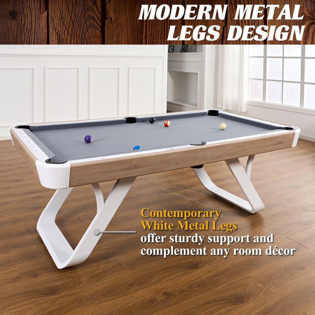 Camden 7 Ft Pool Table with White Metal Legs, Wood Grain Finish, Velvet Playfield, 18Mm Surface, Complete Accessories