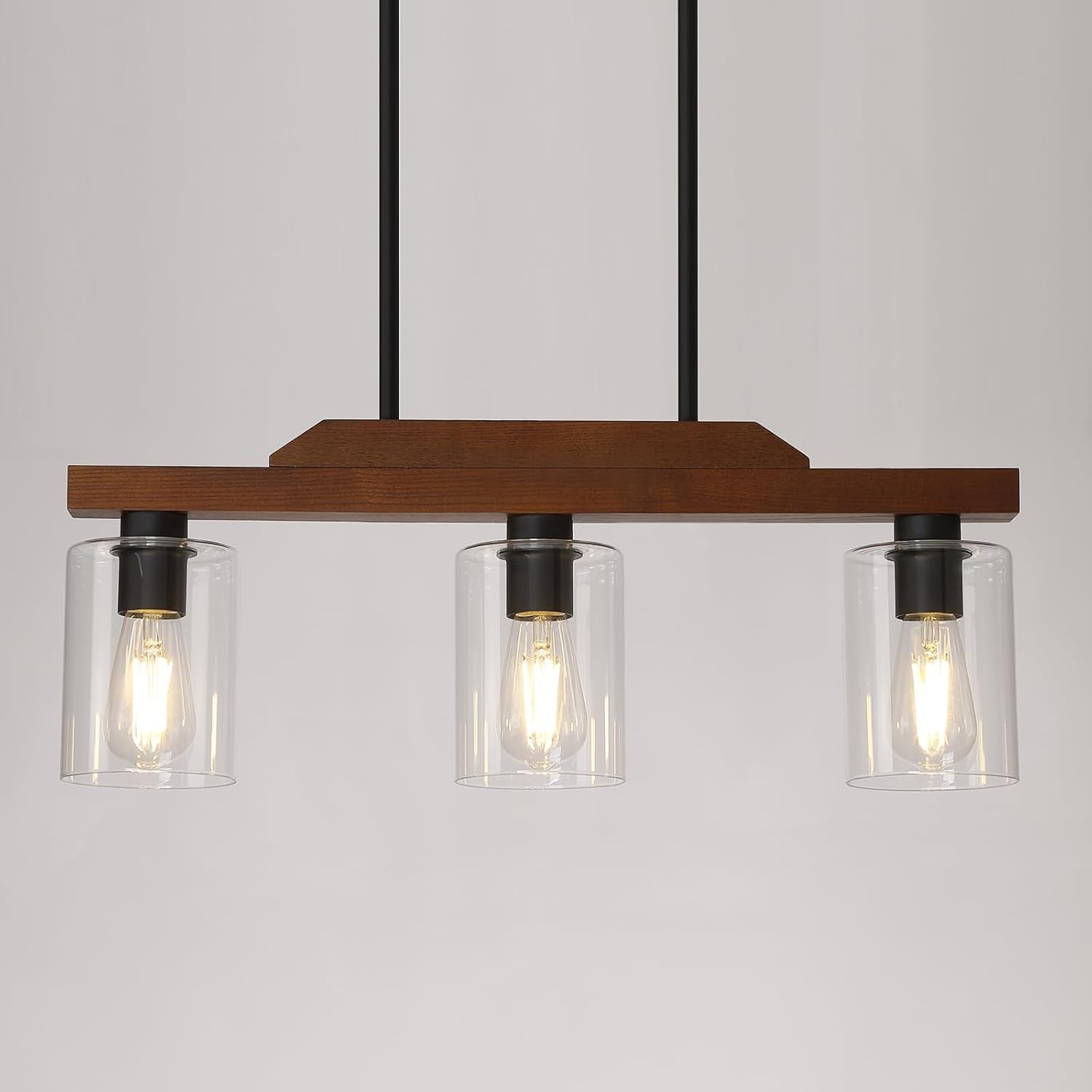 Dining Room Light Fixture,3-Light Rustic Wood Kitchen Island Chandelier Farmhouse Linear Pendant Light Ceiling Hanging for Bar Cafes Pool Table Foyer UL Listed